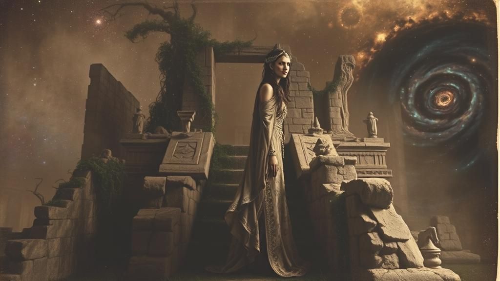 Djinn Priestess at Ancient Temple with Galaxy Backdrop