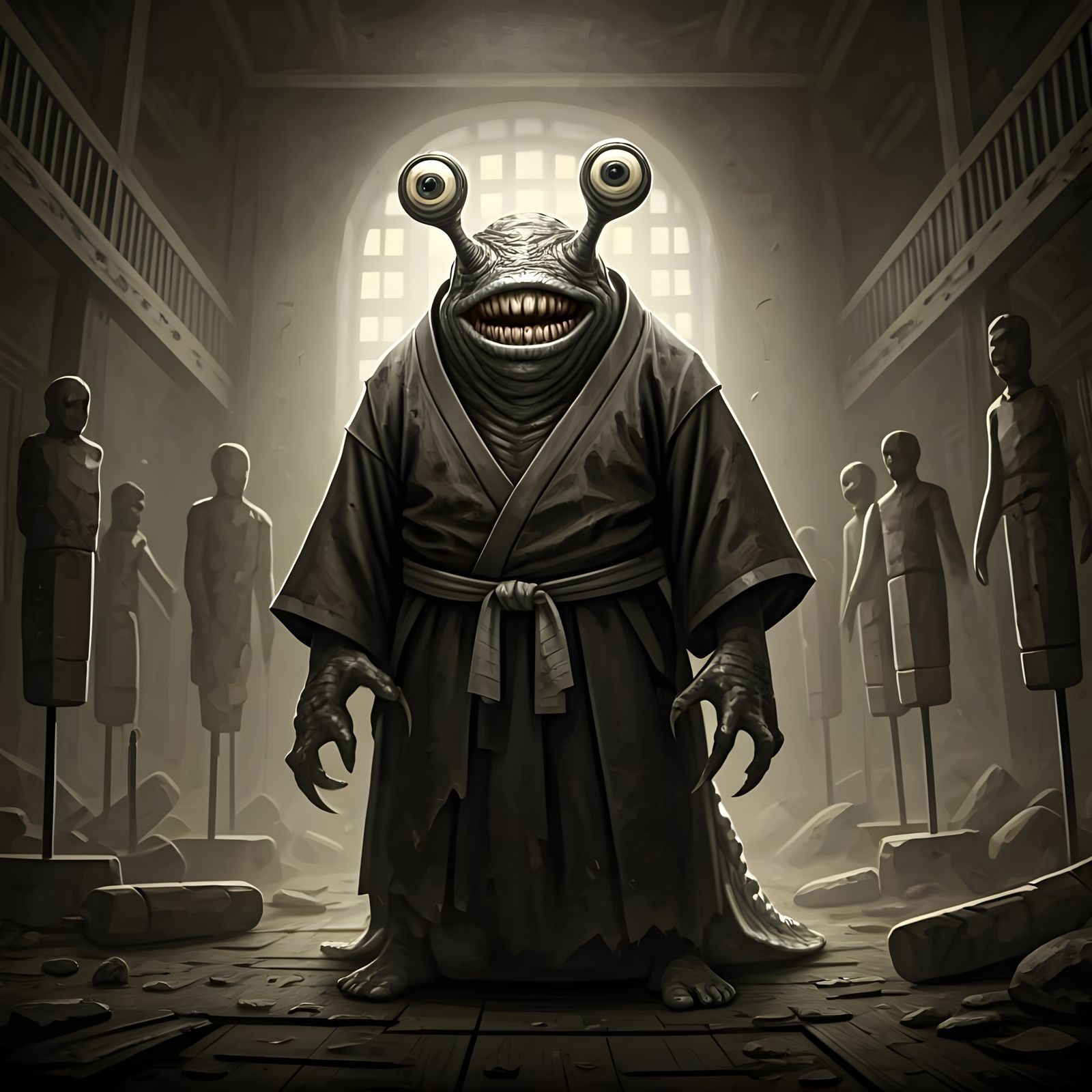Horrifying Slug-Human Hybrid in Dilapidated Dojo