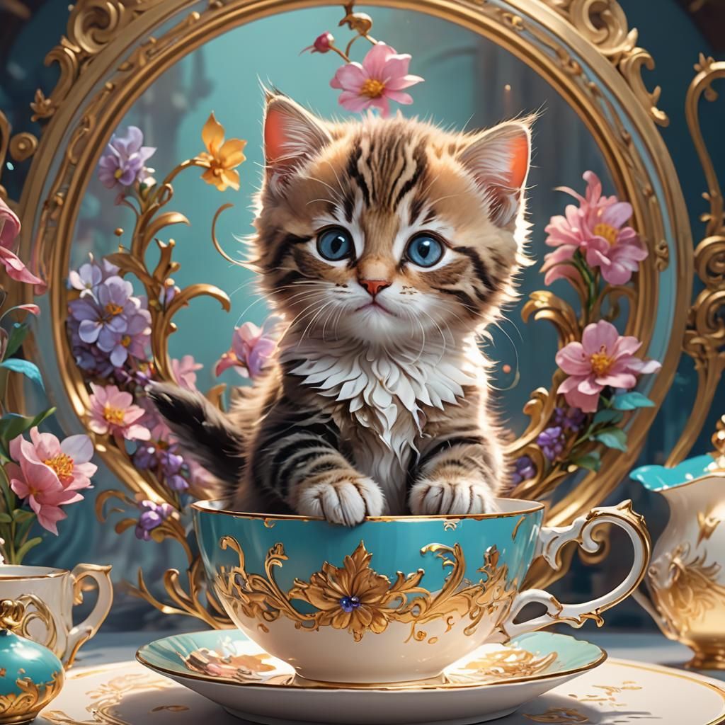 Adorable Kitten Portrait in Teacup, Digital Art