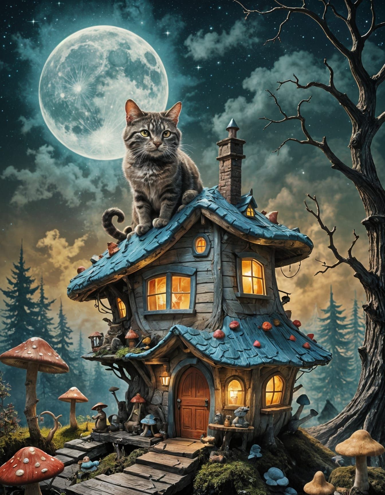 Cosmic Cat in Fairy Mushroom House, Matte Painting