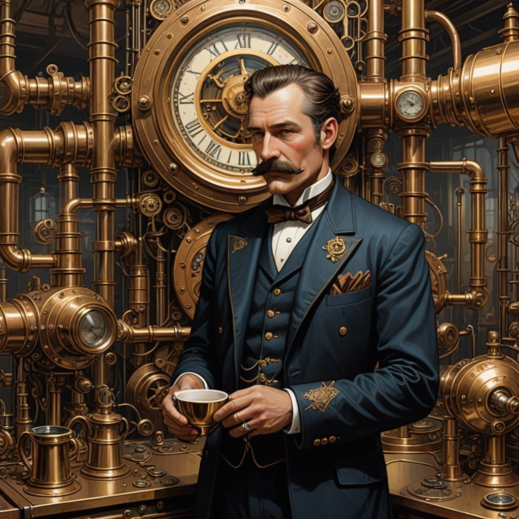 Steam-Powered Gentleman Sips Coffee in a Futuristic Laborato...