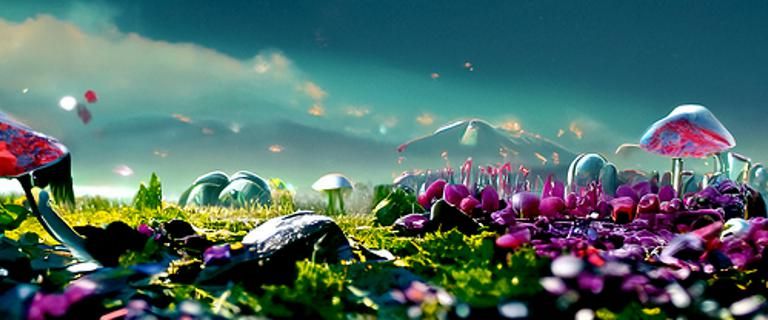 Ruby Crystal Mushroom Fields Panorama in Ethereal Style