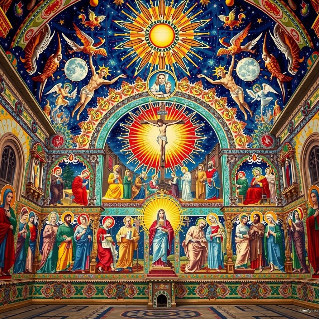 Neon Mosaics of Last Judgement, Venice in Synthwave Style