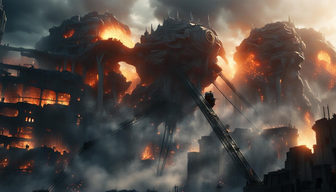 Massive Tripod Machine Unleashing Fire in Ruined City