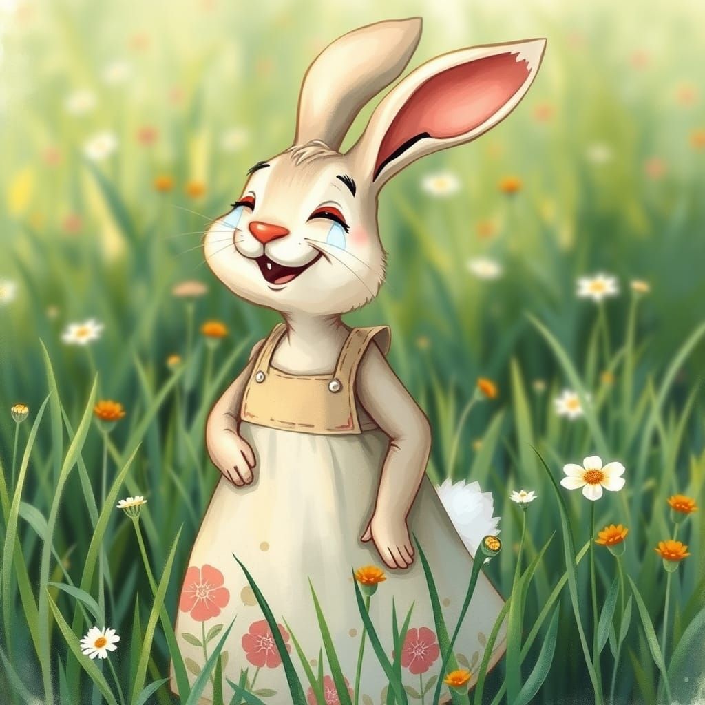 Joyful Bunny in Ghibli Watercolor Meadow