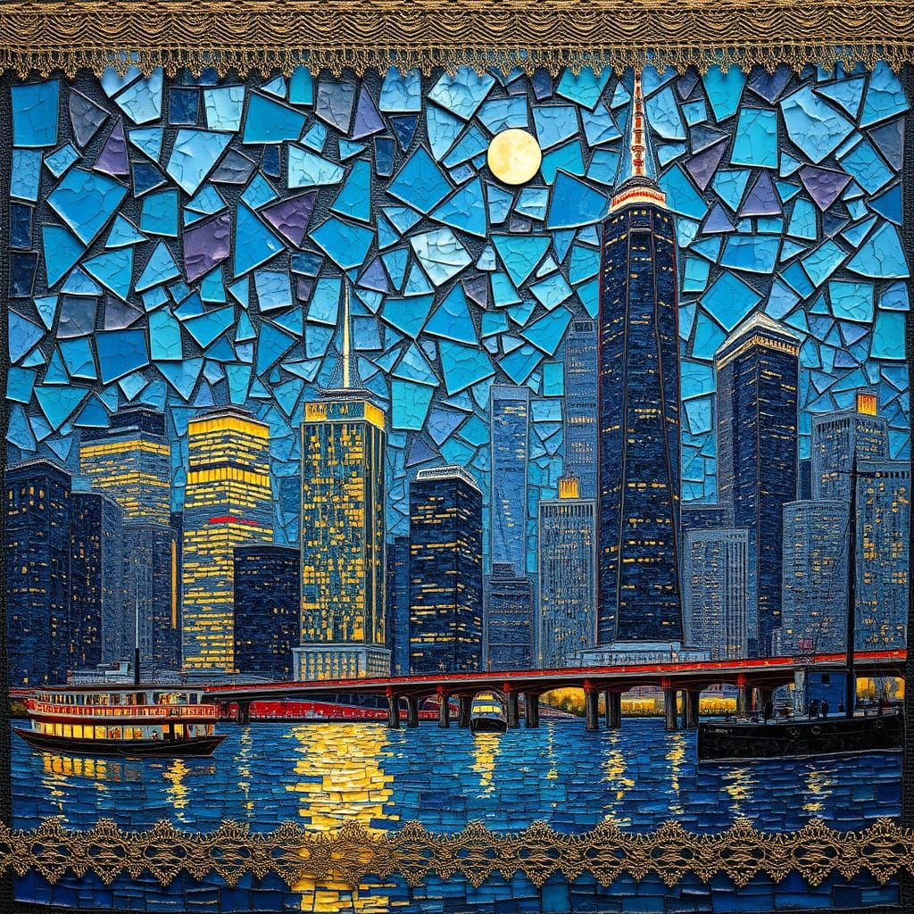 Dreamlike Cityscape in Kintsugi Mosaic with Golden Light