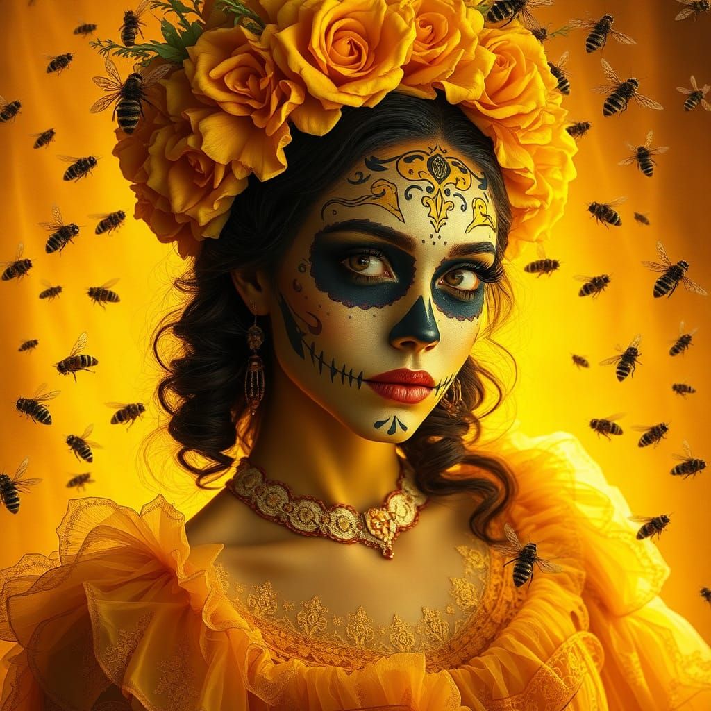 Catrina Woman with Honeybees in Matte Painting Style