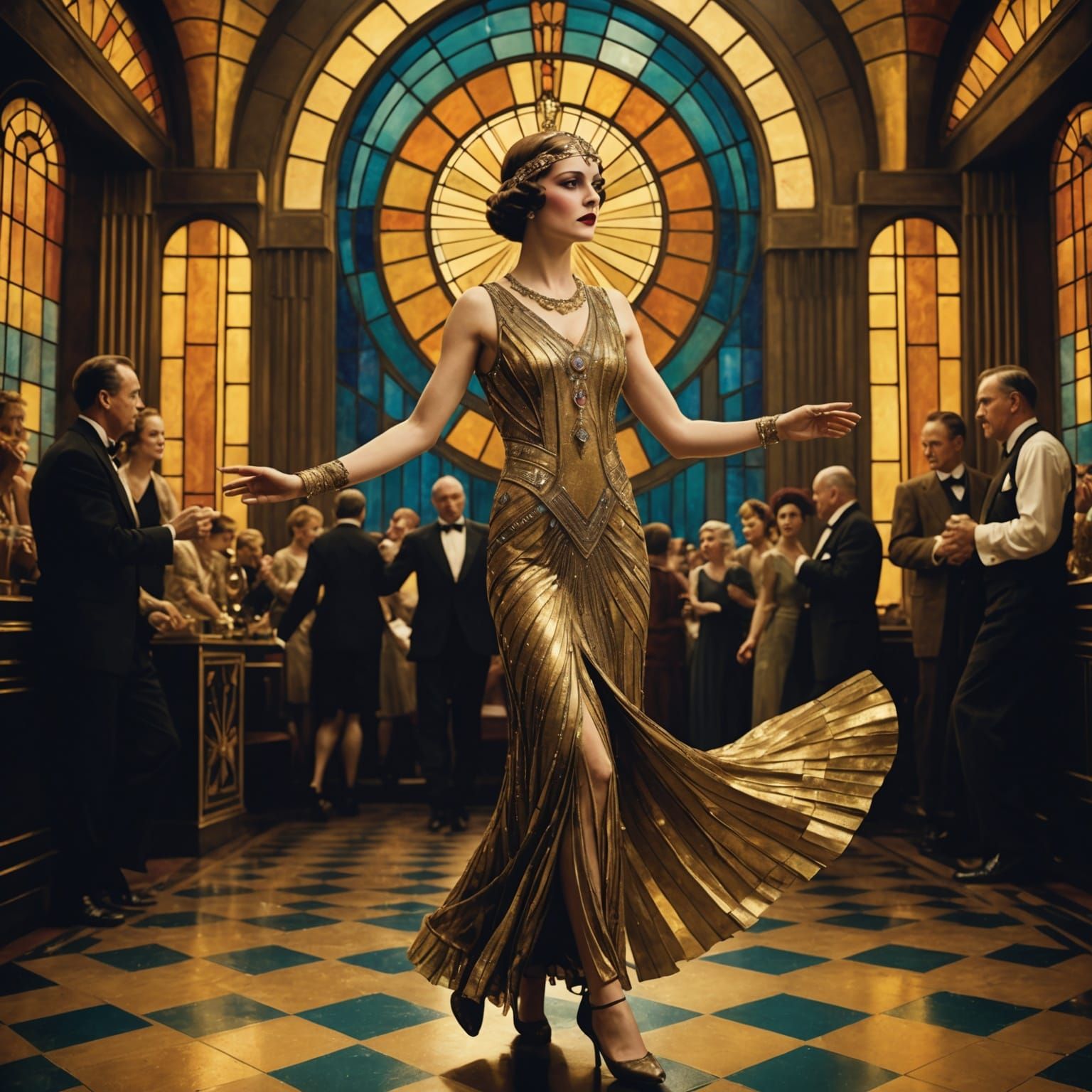 Art Deco Woman in Gold Stained Glass Dress