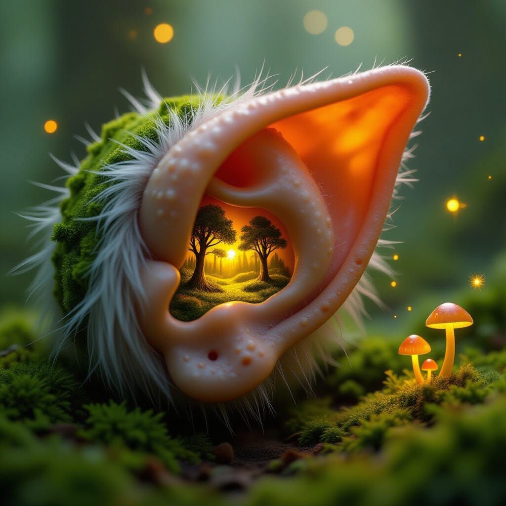 Detailed Hobbit Ear with Miniature Forest, Photorealistic St...