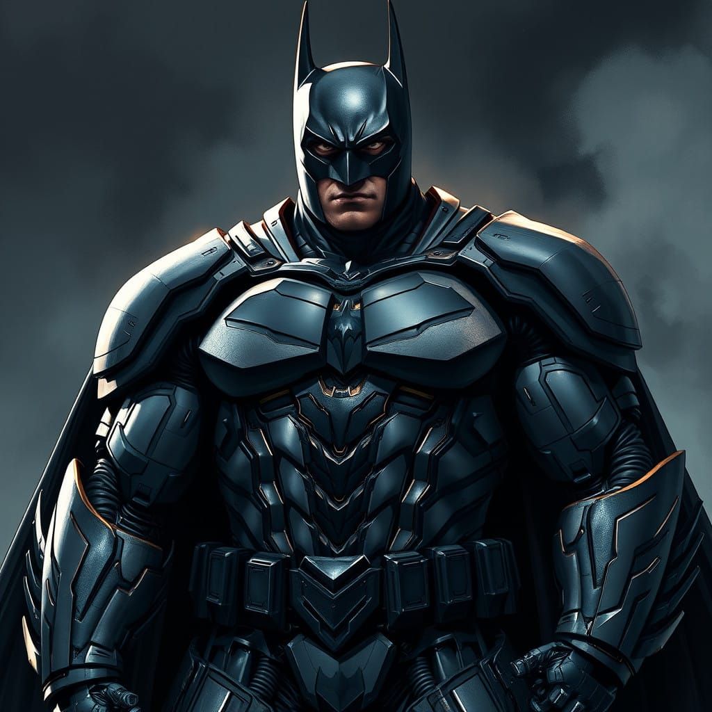 Cyberpunk Batman in Metallic Battle Armor Unleashes Fury