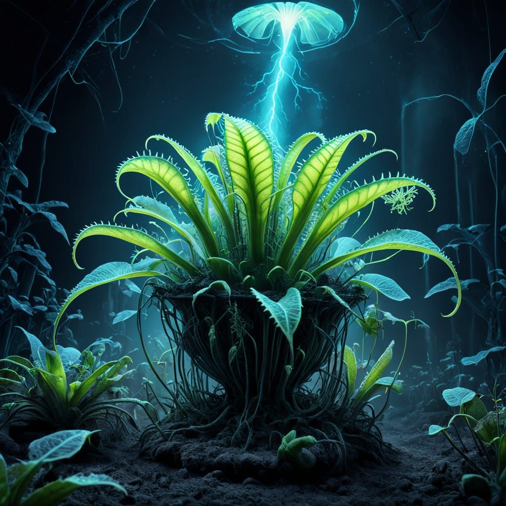 Surreal Bioluminescent Landscape with Glowing Venus Flytrap ...