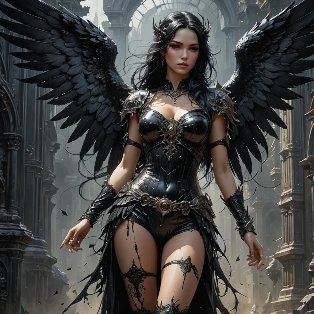 Gothic Angel Portrait in Ink Splash Art Style