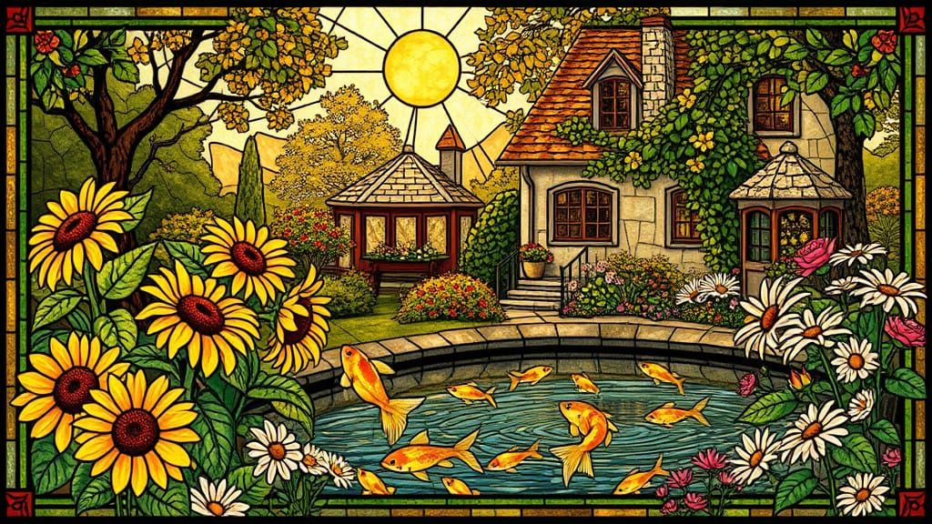 Surreal Stained Glass Scene of a Warm Summer Day in a Lush C...