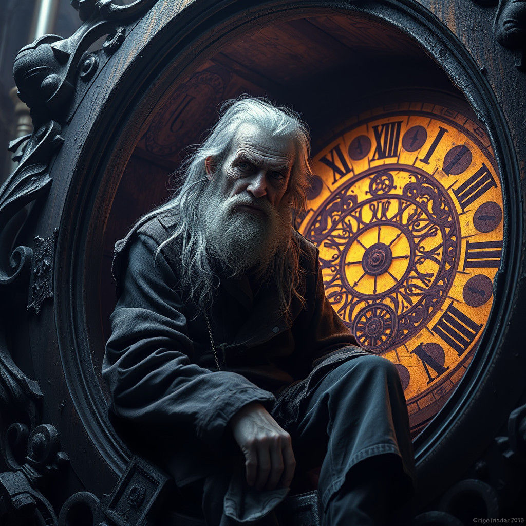 Old Man in Broken Clock, Dark Fantasy Concept Art