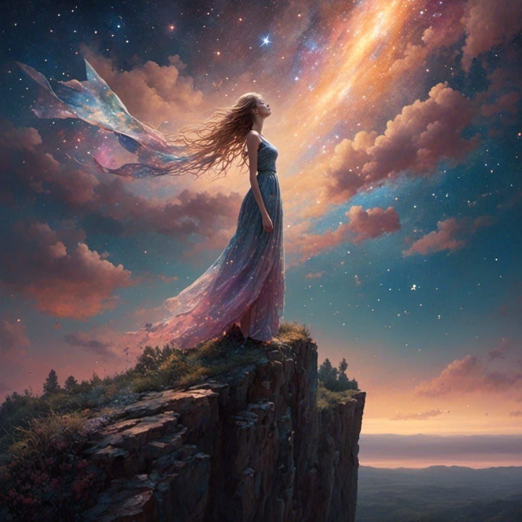 Woman Gazing at Stars in Ethereal Digital Portrait