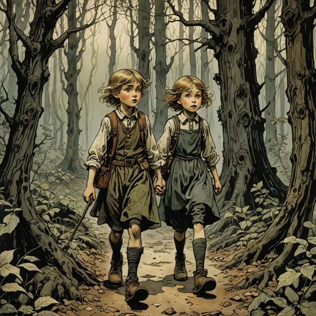 Hansel and Gretel Lost in a Dark Fairy Tale Forest