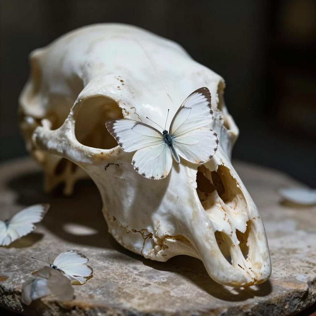 Polished White Bone Altar with Butterfly, Macro Realism