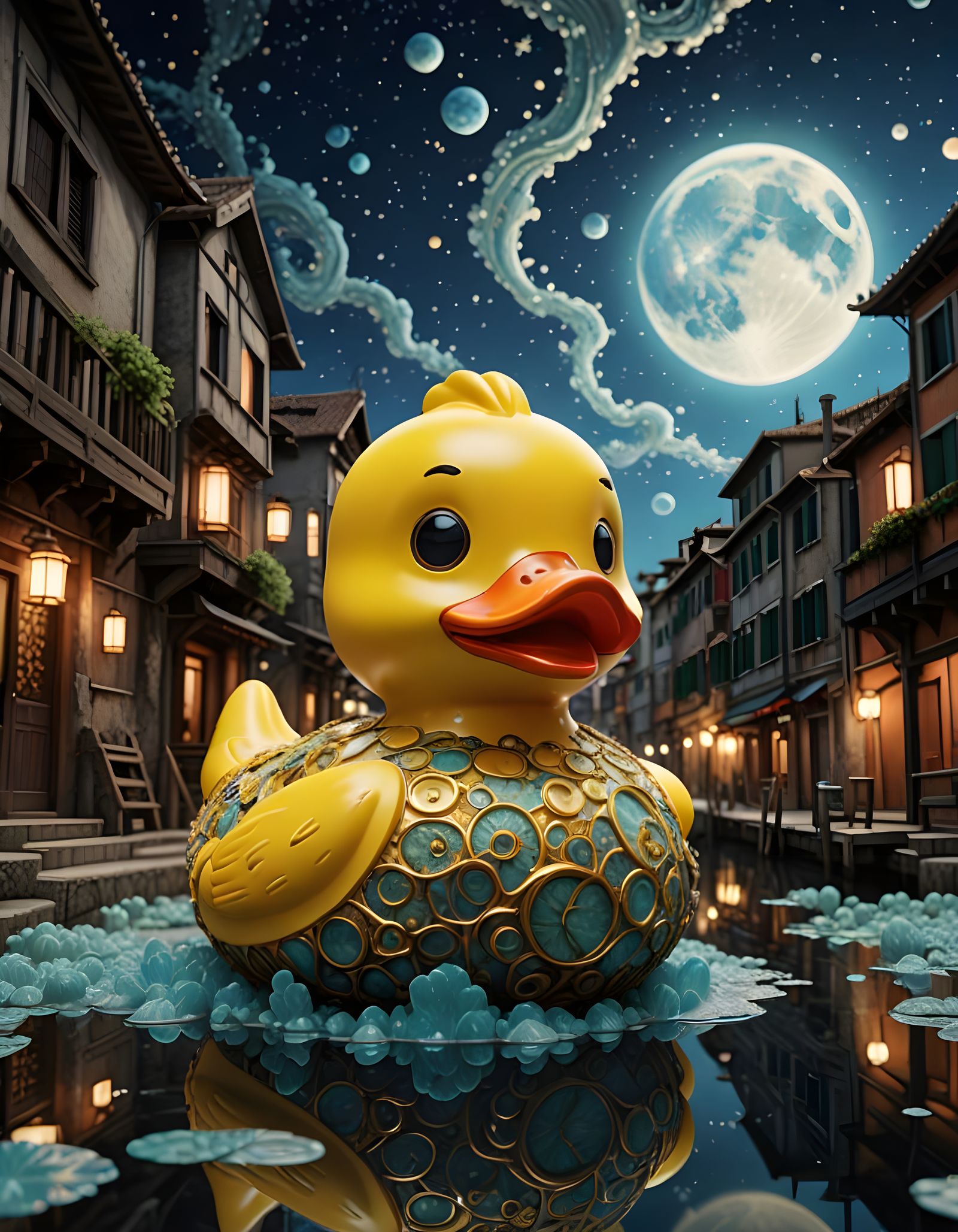 Surreal Steampunk Rubber Duck in Fractal Venice Night Sky