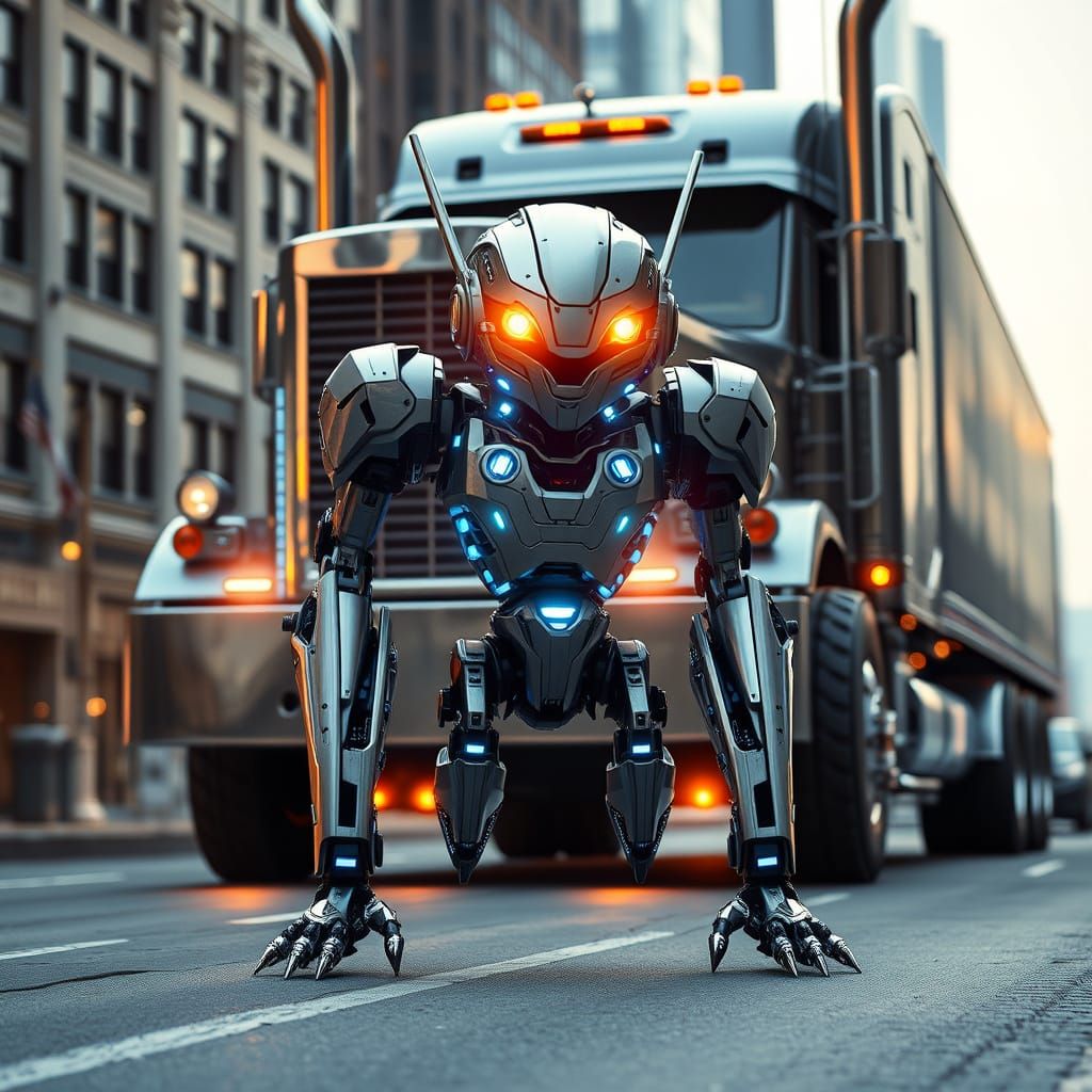 Metallic Robot Frozen in Fear as 18-Wheeler Bears Down