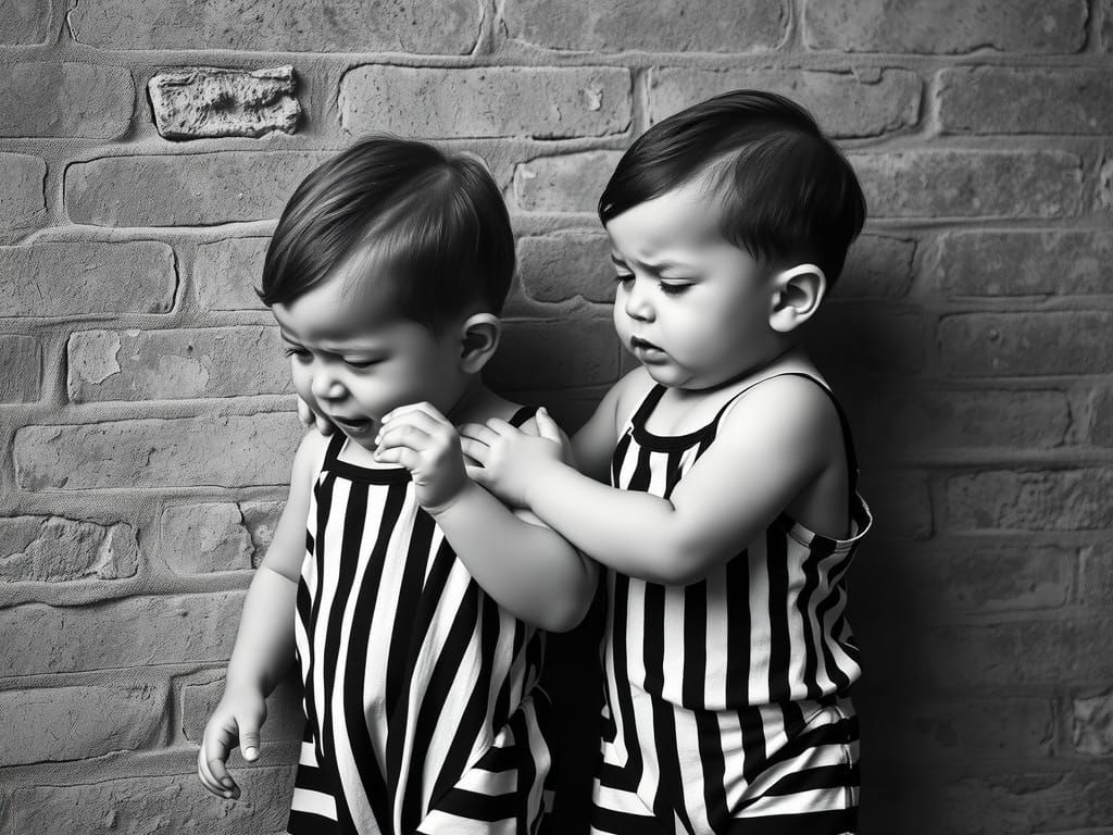 Toddlers Comforting Each Other: Black and White Photo