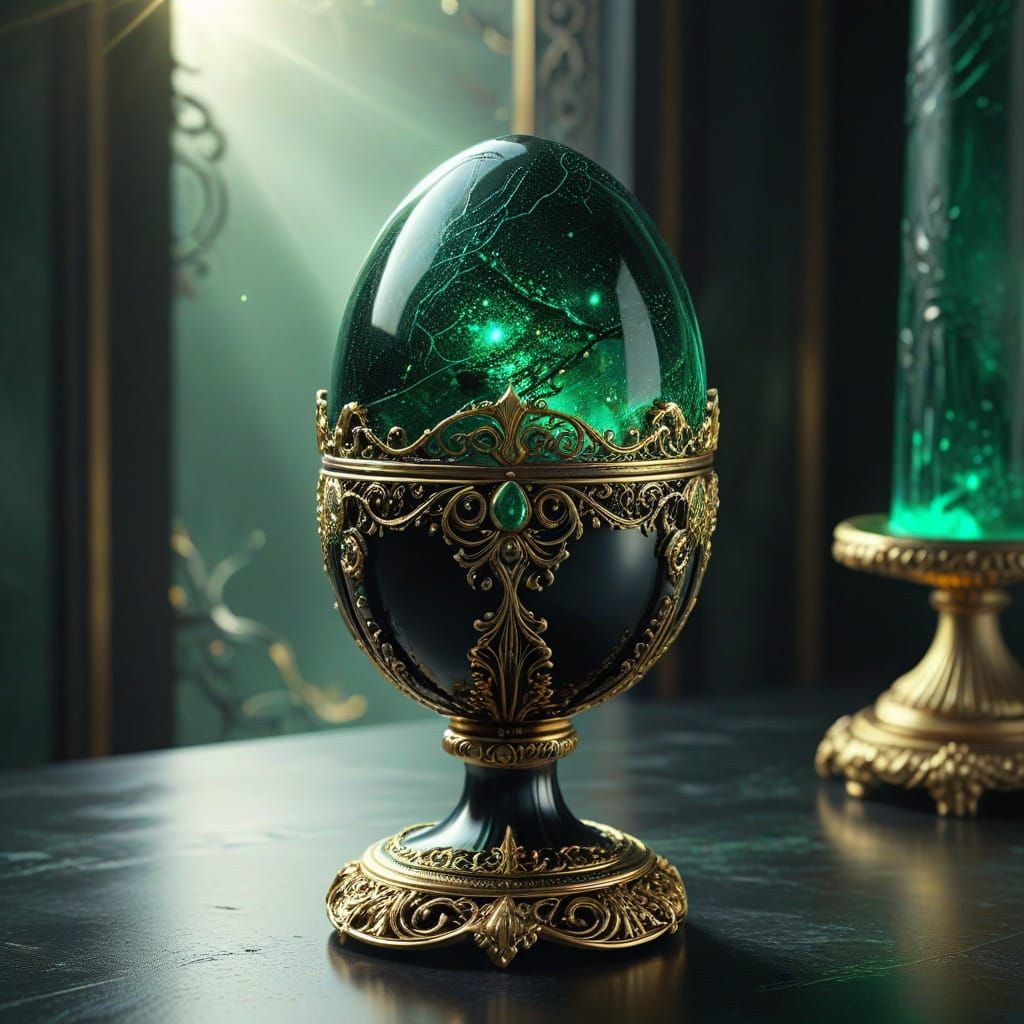 Ethereal Black Metallic Egg in Golden Filigree Cup on Divine...