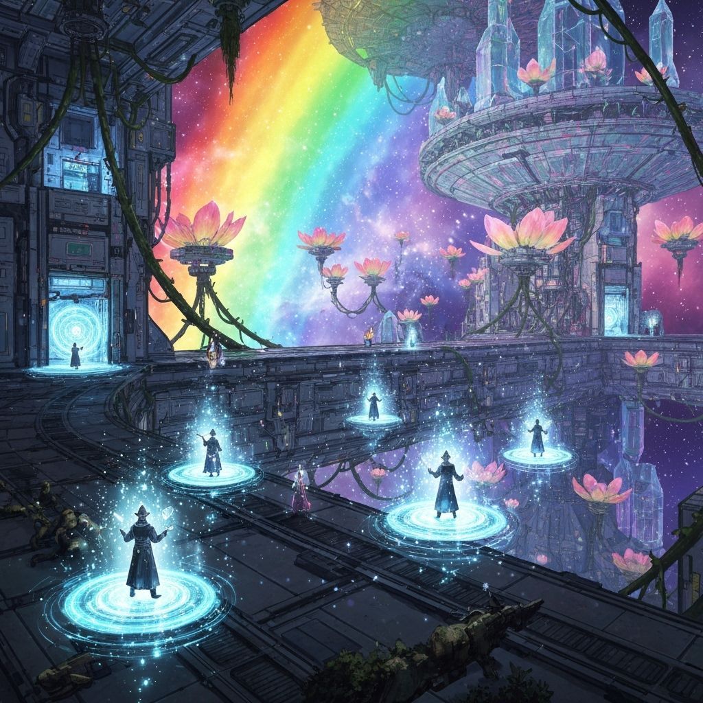 Crystalline Space Station with Wizards Orbiting Nebula