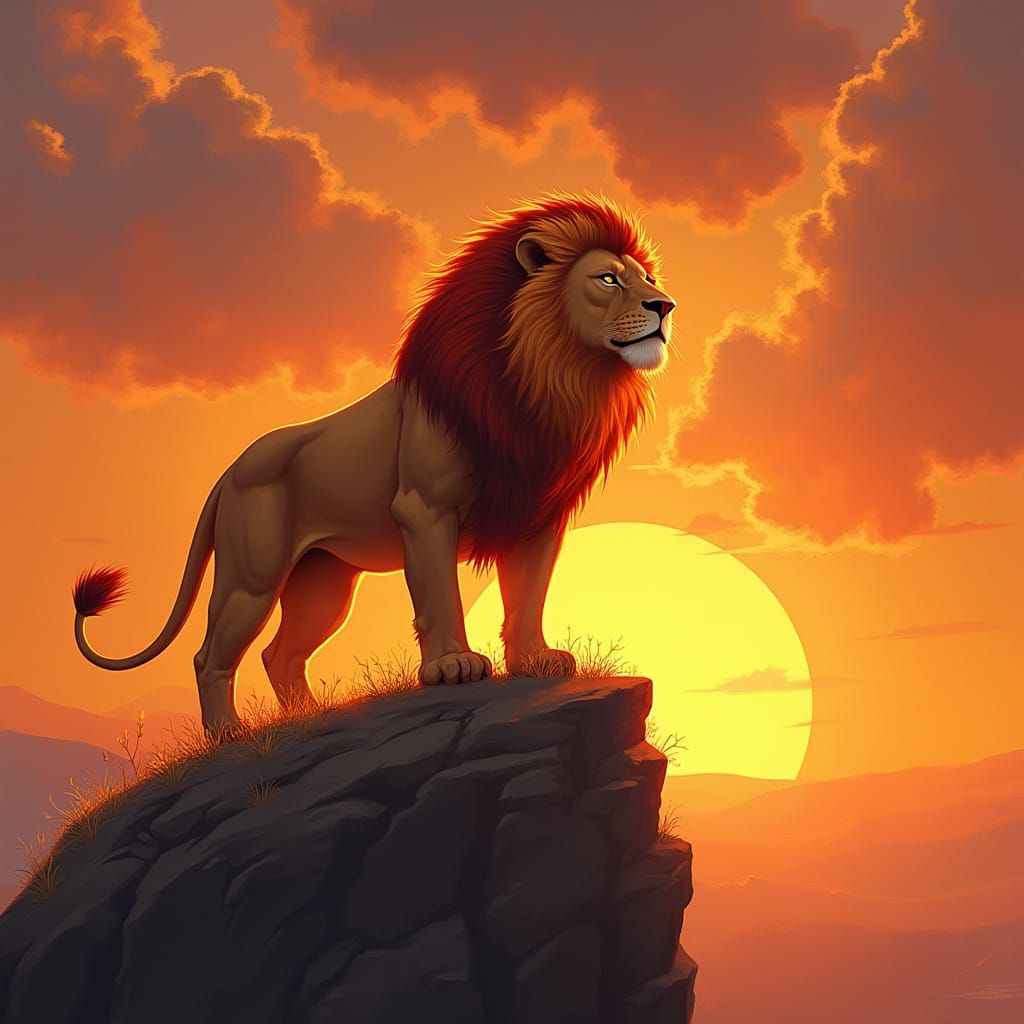 Fiery Mane Lion on Cliff at Sunset