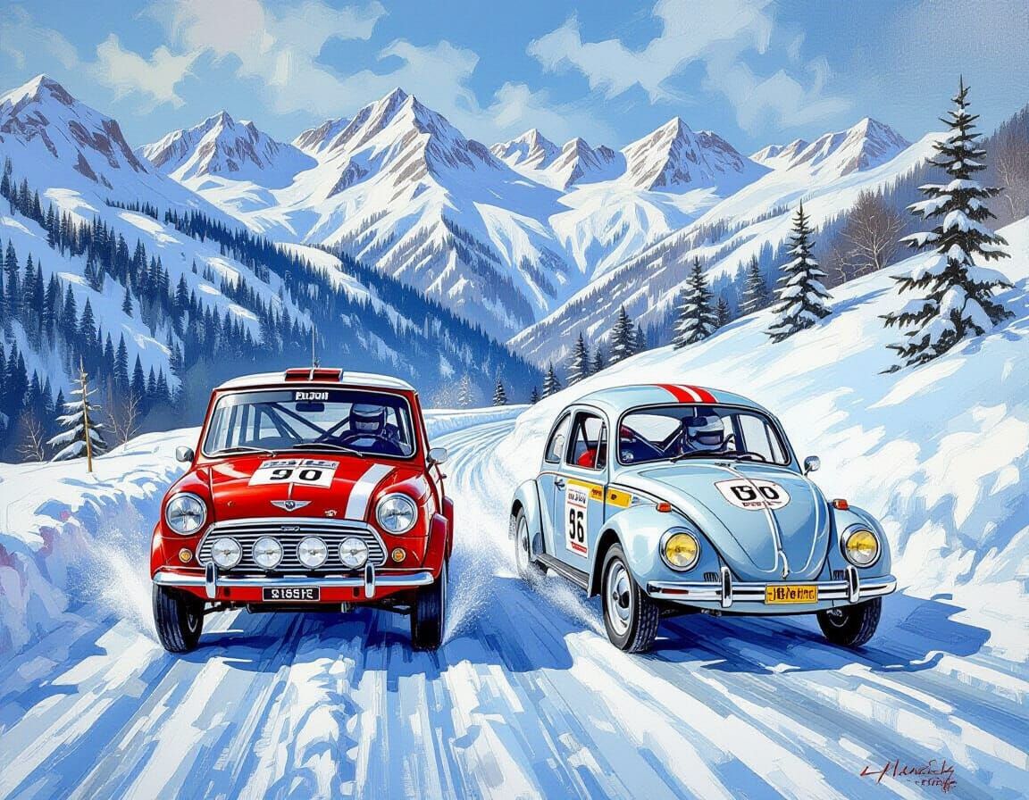 Textured Oil Painting of Mini Cooper Rallye vs VW Beetle in ...