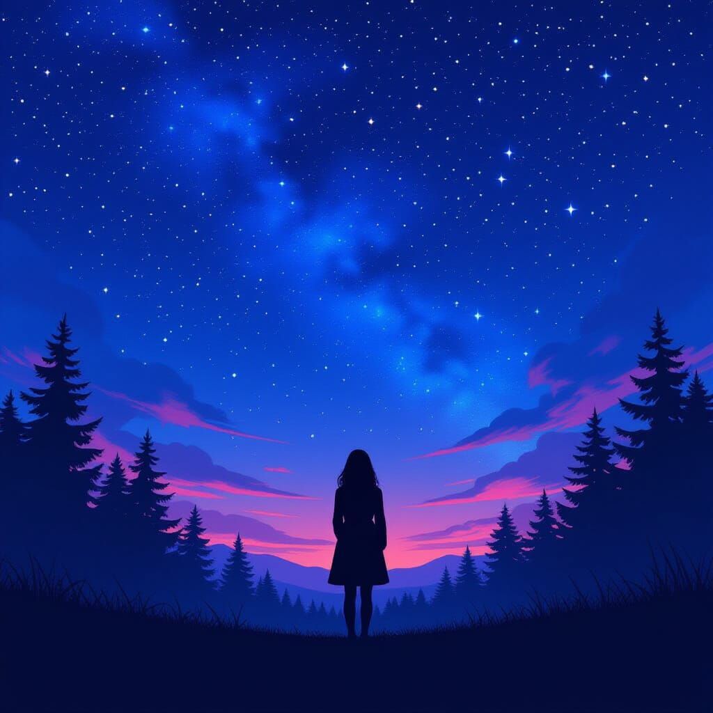 Starry Night Silhouette in Whimsical Digital Style