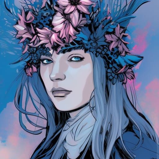 Shieldmaiden in Comic Book Style with Flowers