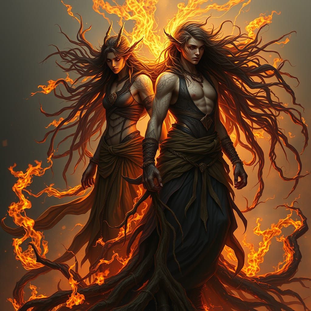 The image depicts two figures entwined in fiery roots, with ...