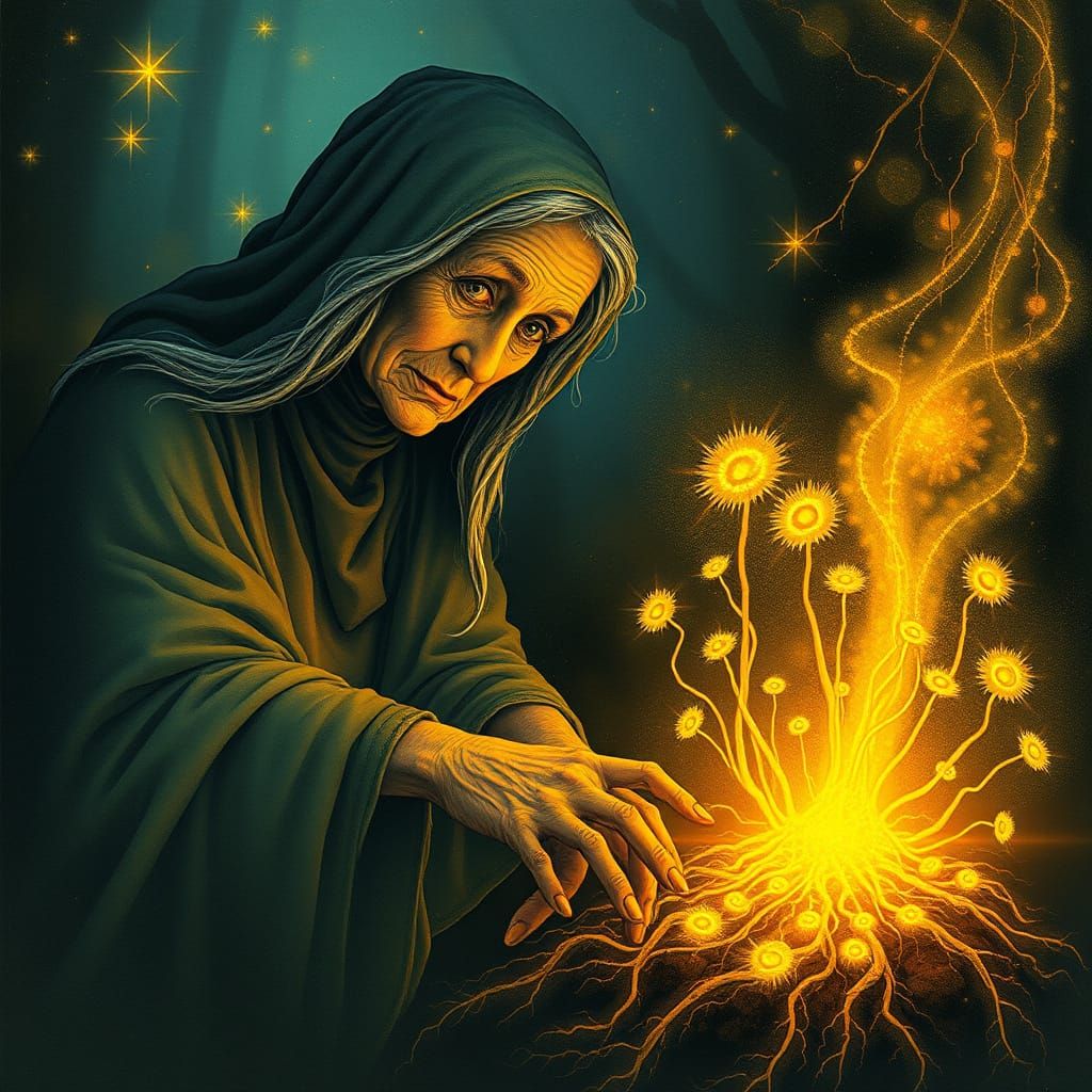 Wise Woman Tends Ethereal Garden of Luminous Roots