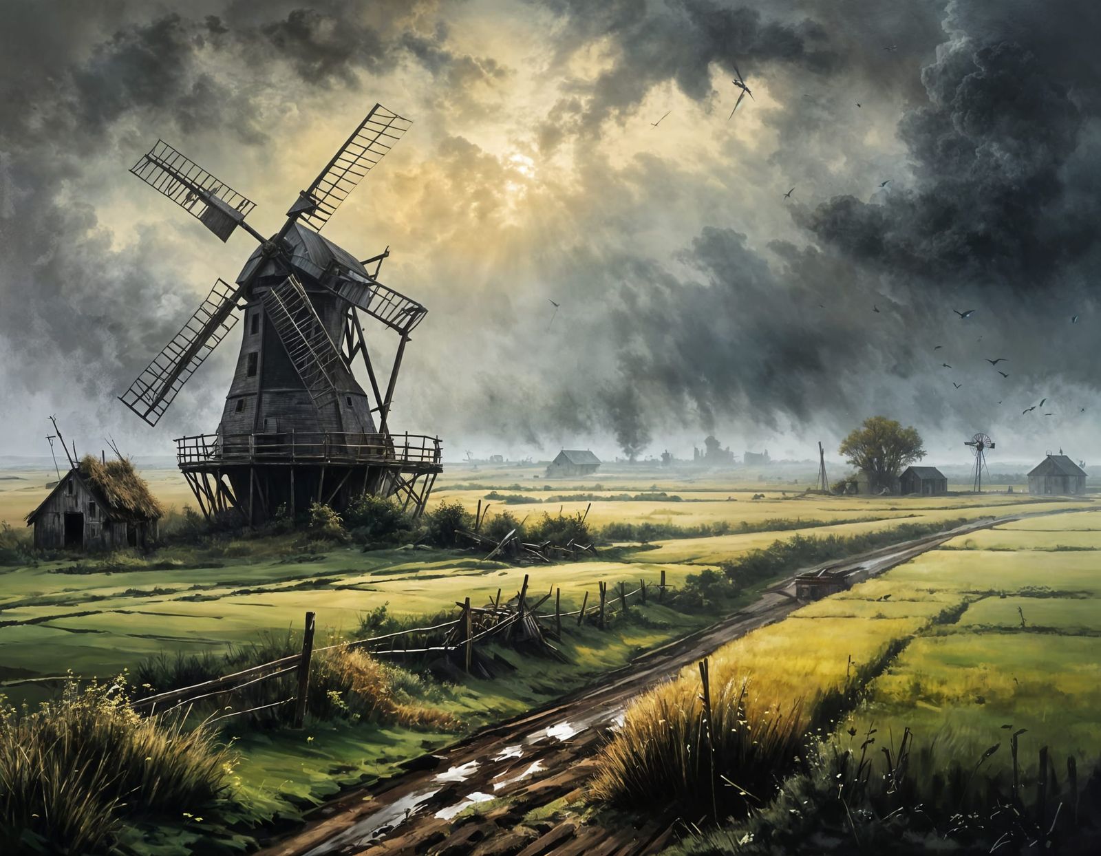 Dilapidated Windmill in Foggy Landscape as Oil Painting