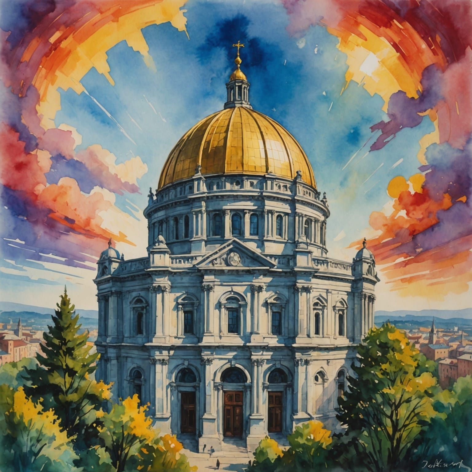 Impressionist Dome Painting in Gouache and Watercolor
