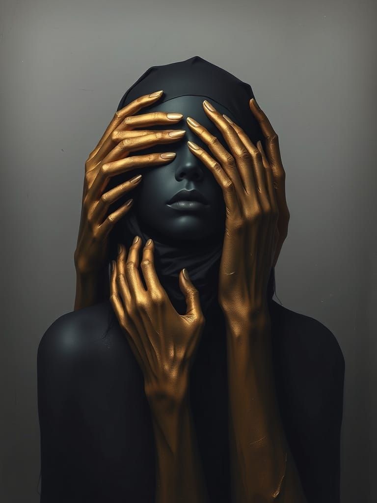 Somber Figure Surrounded by Golden Hands in Abstract Black F...