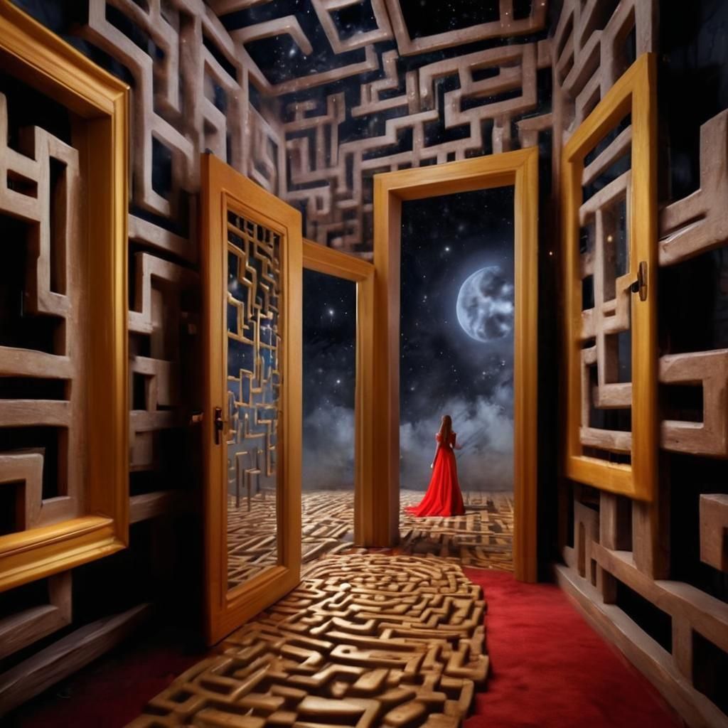 Golden Mirror Maze with Lady in Red