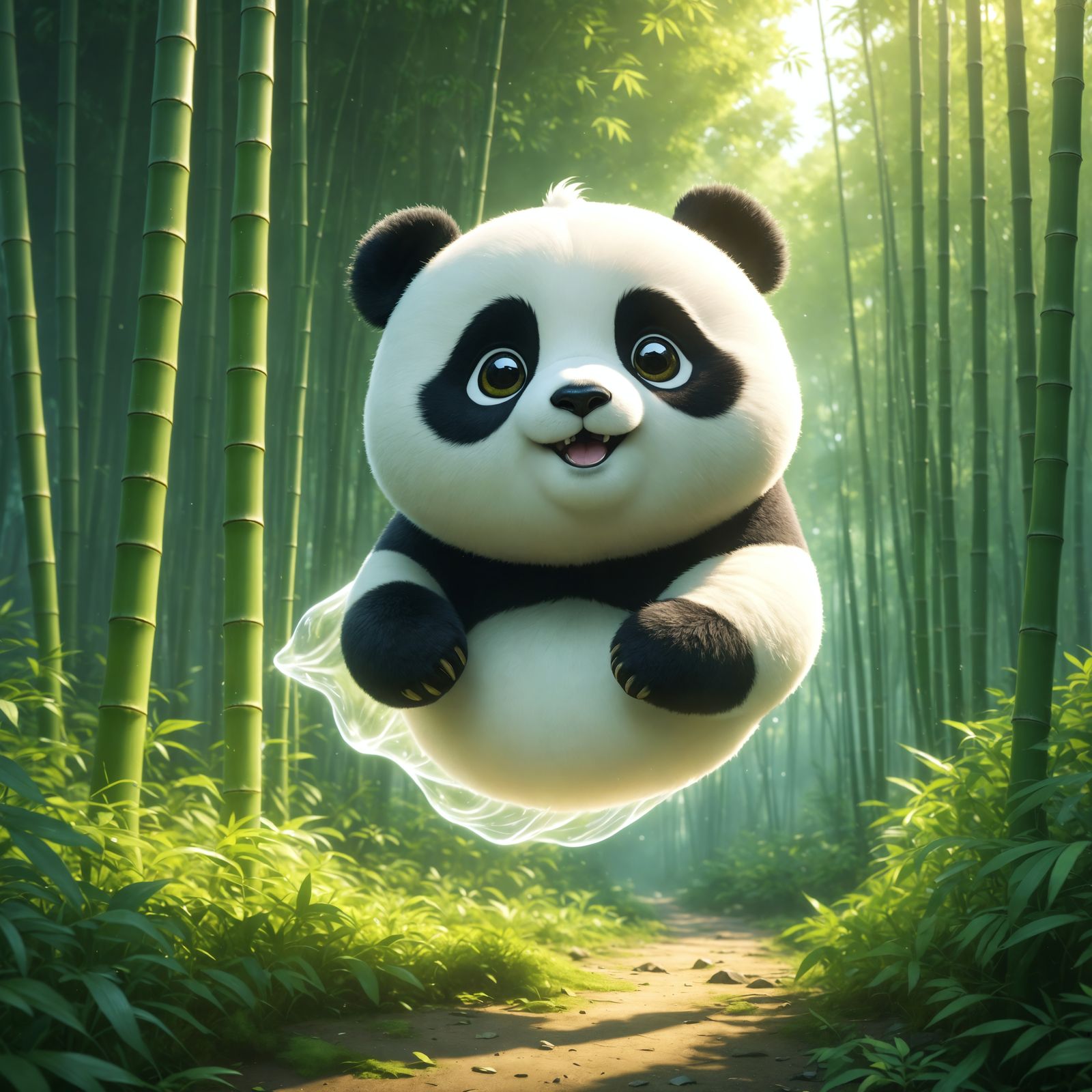 Joyous Panda Ghost in Bamboo Forest Oil Painting