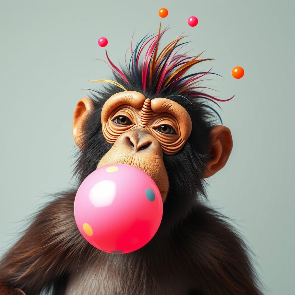 Whimsical Monkey Blows Colorful Bubble Gum
