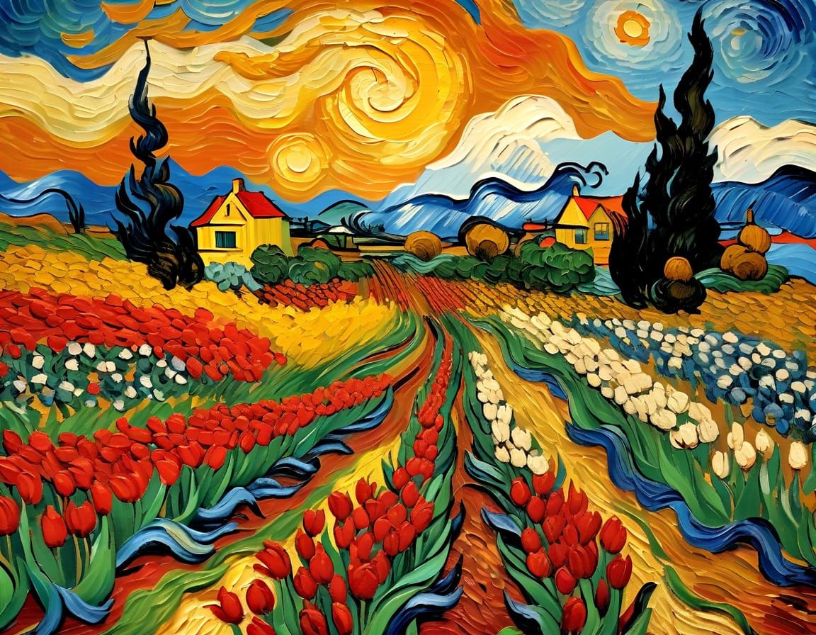 Vibrant Post-Impressionist Tulip Field