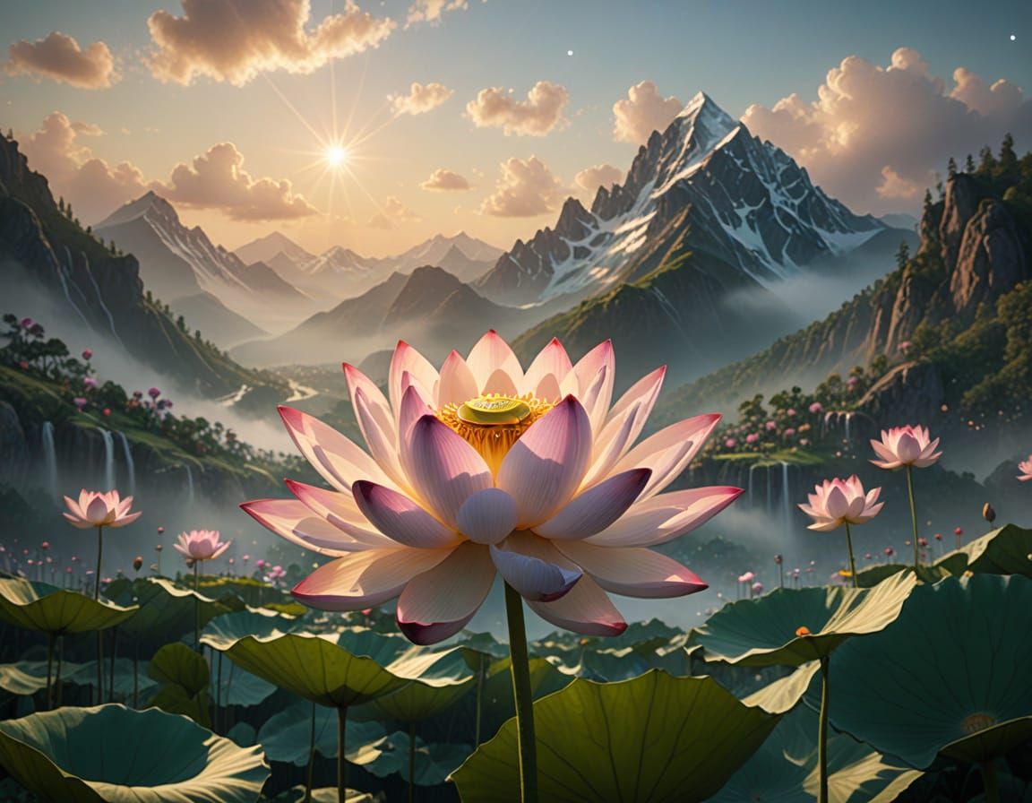 Giant Lotus Blooms on Misty Mountaintop