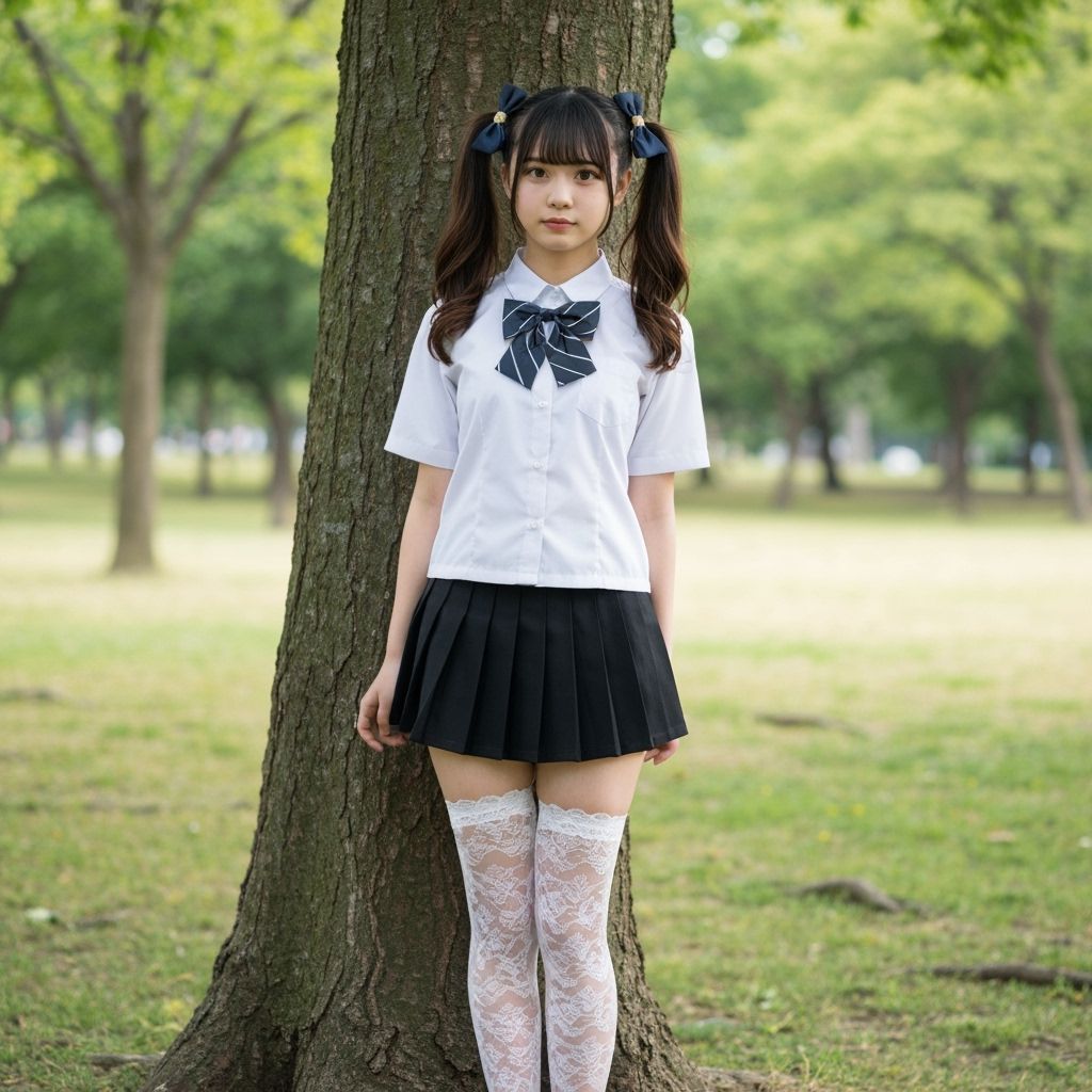 Schoolgirl Posing in Park with Pigtails and Bows