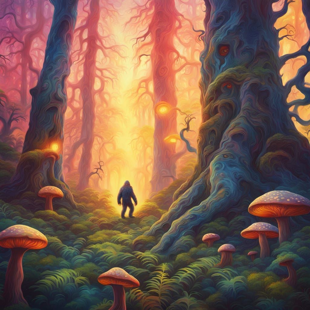 Surreal Sasquatch Hallucinations in Vibrant Oil Painting