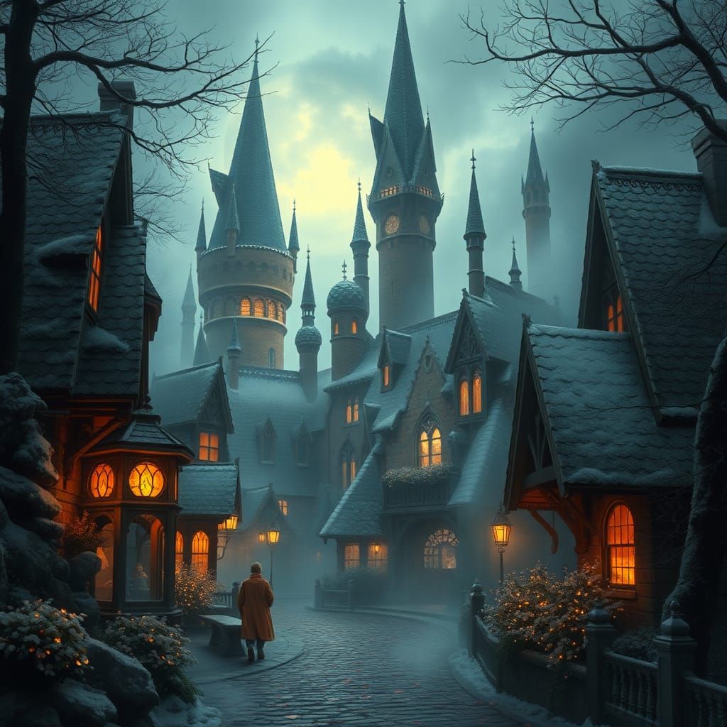 Ethereal Fantasy Hogsmeade in Kinkade Style
