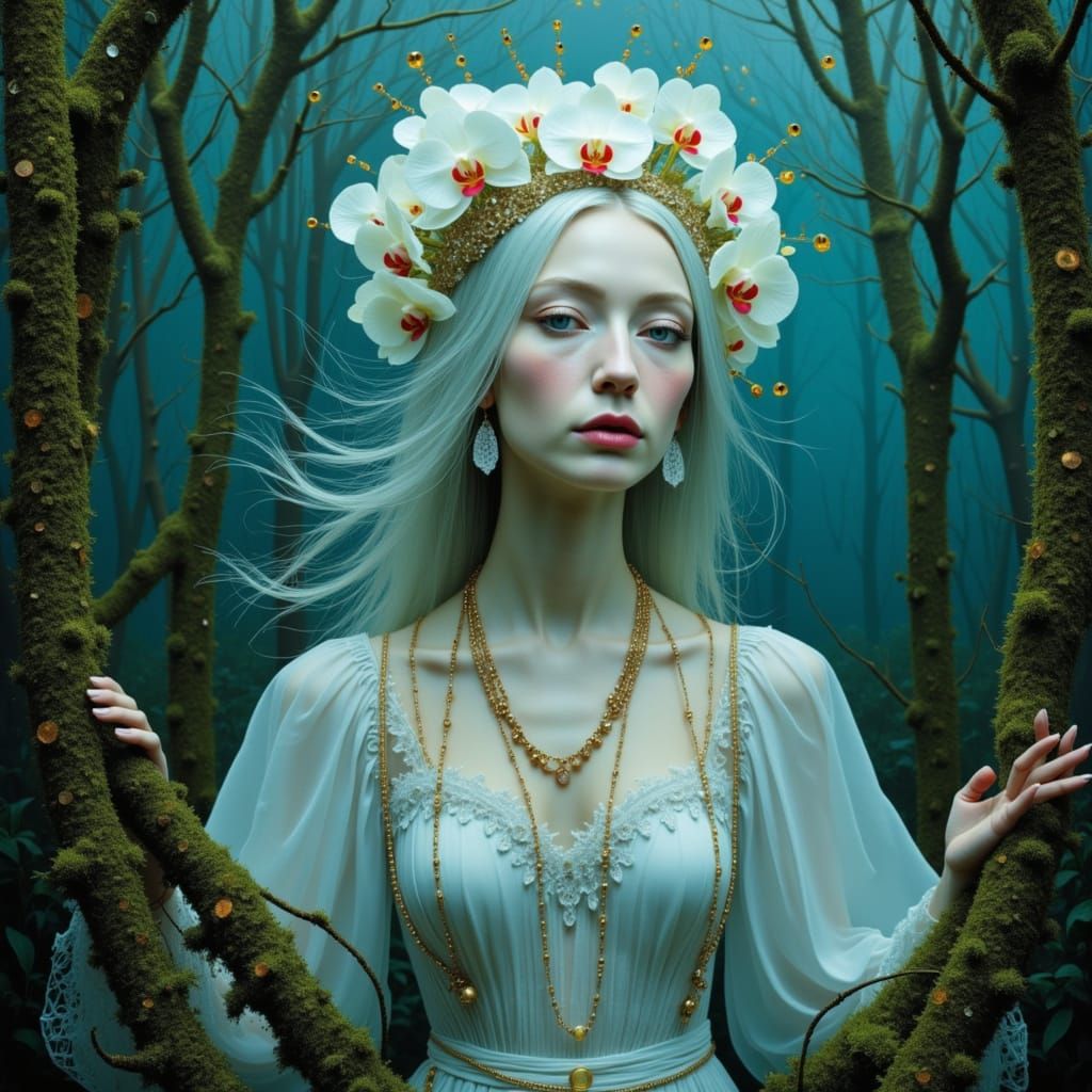 Ethereal Woman Drifting in Mystical Forest, Art Nouveau Styl...
