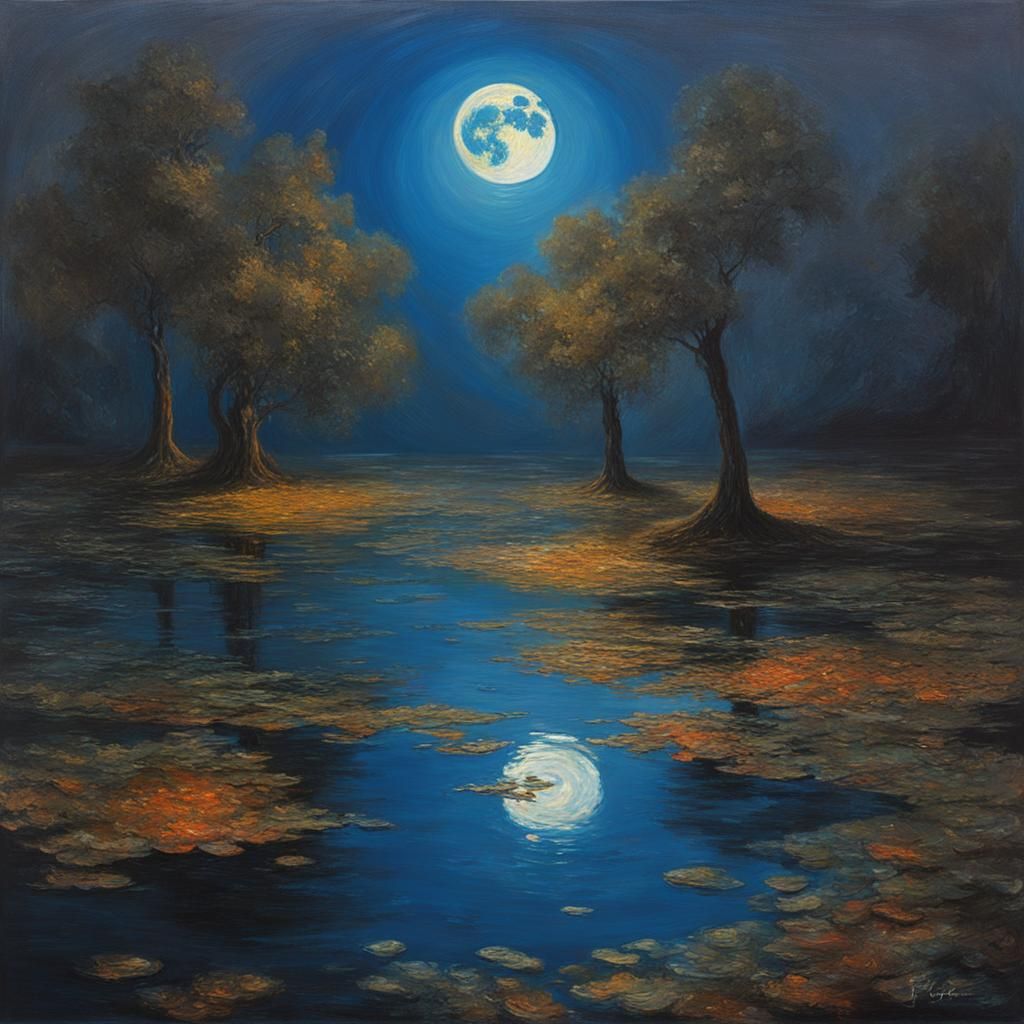 Void Moon Oil Painting Reflecting Illusion