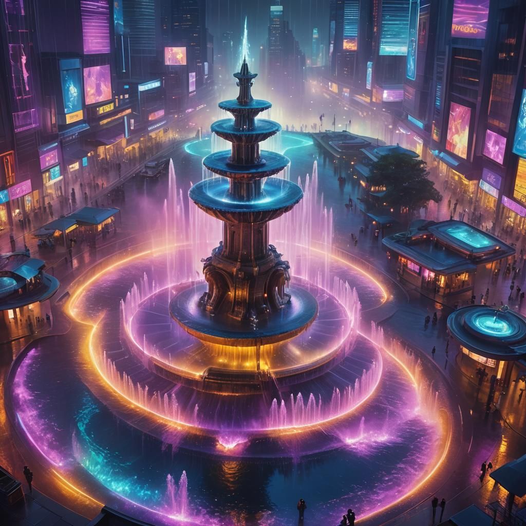 Futuristic Fountain in Neon City: Digital Matte Painting