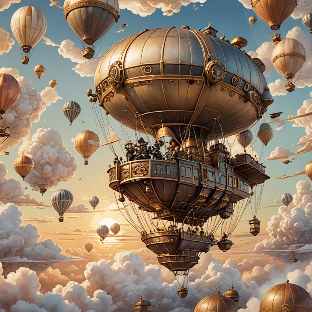 Steampunk Airship Soaring at Sunrise: Watercolor Illustratio...