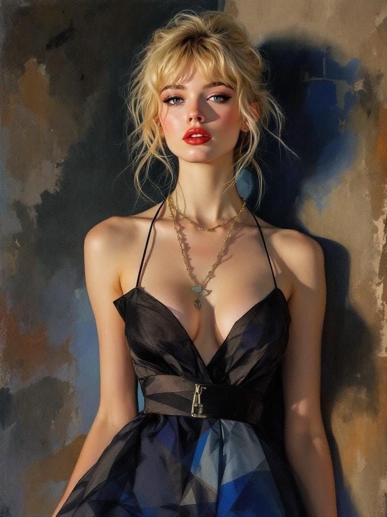 Blonde Woman Portrait in Mod Fashion, Watercolor Style