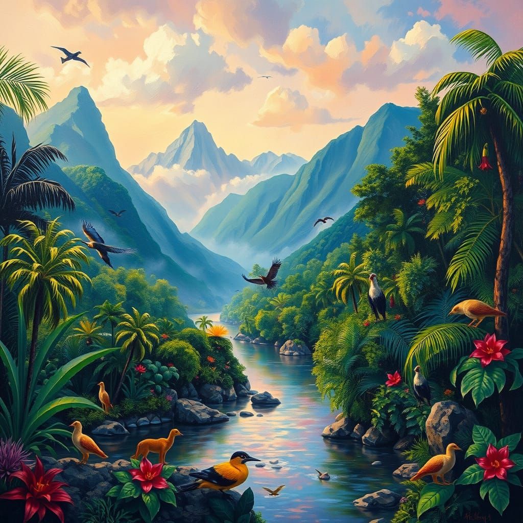 Impressionist Rainforest Scene with Wildlife and Mountain La...