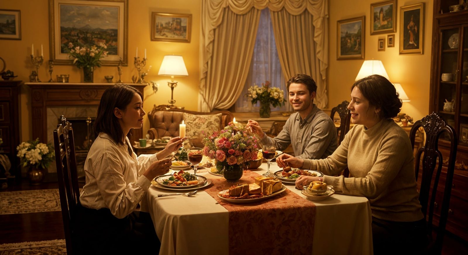 Friends Enjoying Lunch in Lavish Living Room